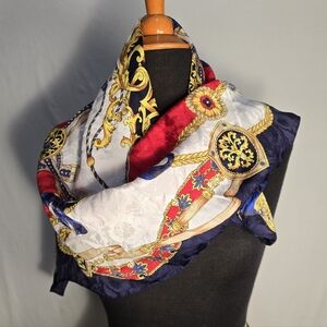 Gorgeous 100% Italian Silk Red Navy Gold Scarf Classic Equestrian Style